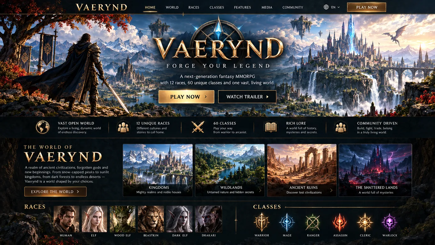 Approved VAERYND website concept displaying mountain kingdoms